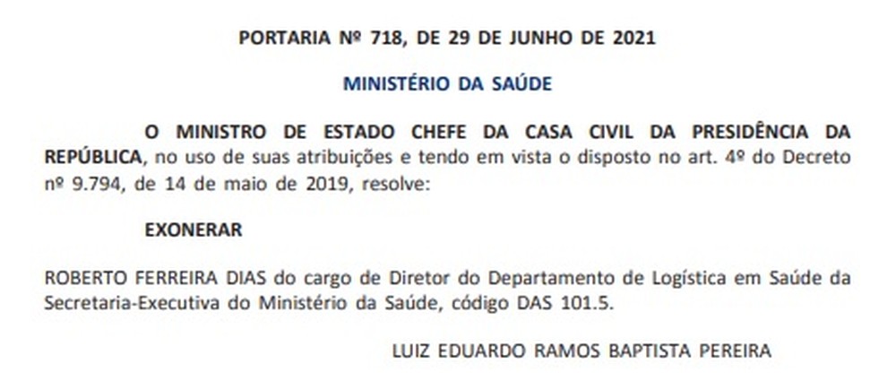 Trecho do 'Diário Oficial da União' em que foi publicada a exoneração de Roberto Dias — Foto: Reprodução/Diário Oficial da União
