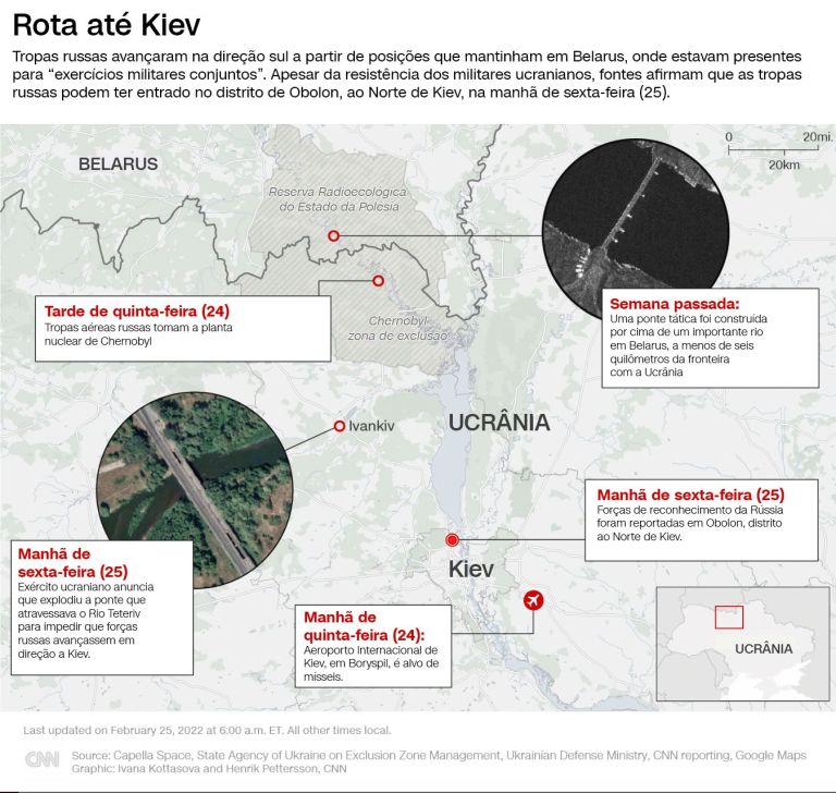 Mapa mostra a rota russa em direção à capital Kiev / CNN Brasil
