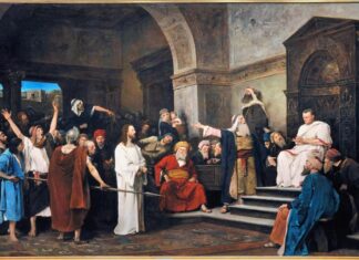 Jesus sendo julgado por Pilatos, em pintura de 1881 do pintor húngaro Mihály Munkácsy
