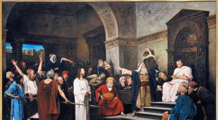Jesus sendo julgado por Pilatos, em pintura de 1881 do pintor húngaro Mihály Munkácsy