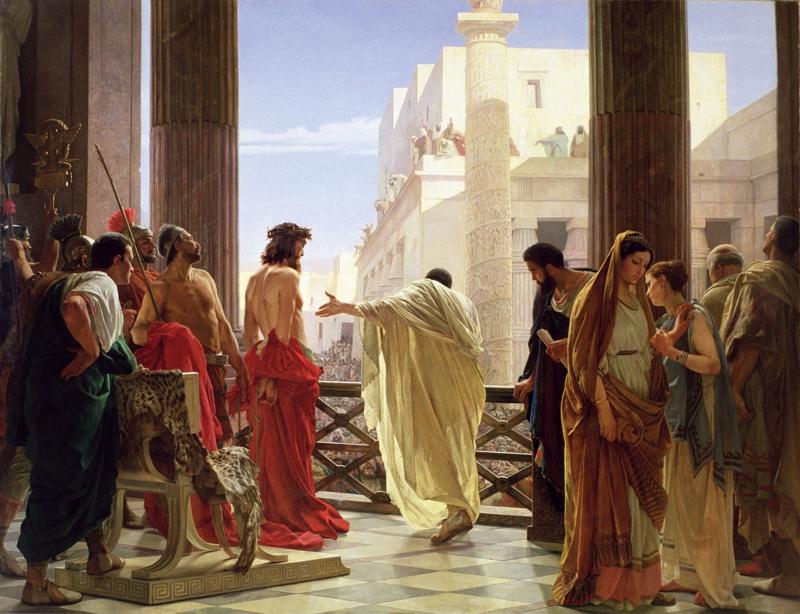Pilatos apresenta Jesus à multidão judaica, em pintura de 1850, do suíço-italiano Antonio Ciseri