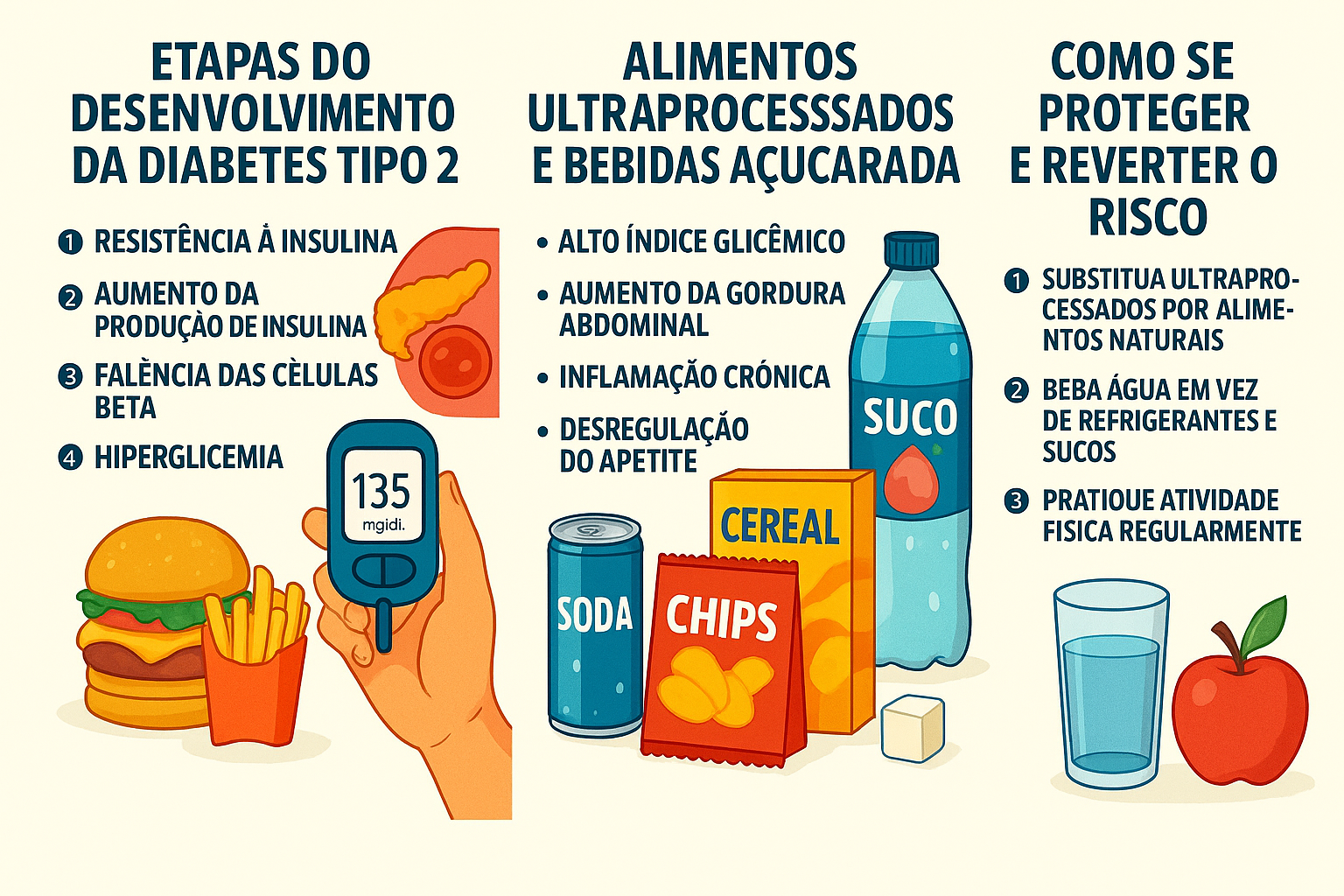 Infográfico ilustrativo mostra como a diabetes tipo 2 se desenvolve a partir de alimentos ultraprocessados e orientações para prevenção.