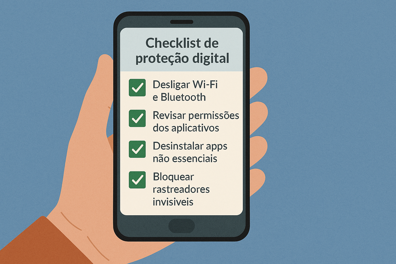  Tela de celular com checklist de privacidade digital