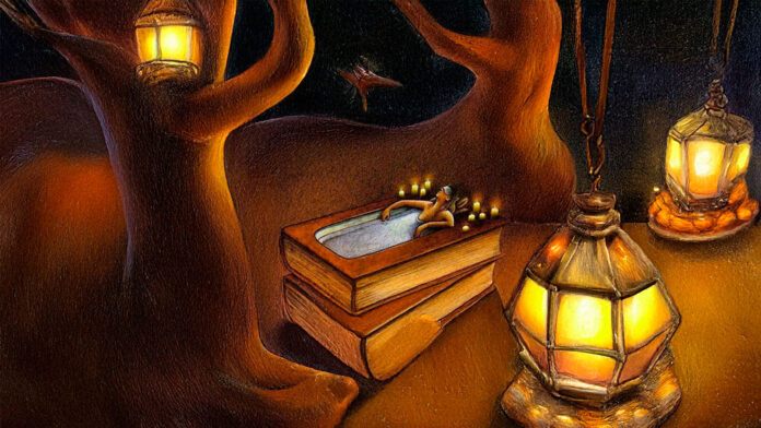 ilustração conceitual de uma pessoa tomando um “banho” dentro de um livro gigante — simbolizando o poder regenerativo da leitura.