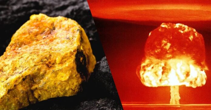 Montagem com minério de urânio e explosão nuclear representando o impacto do enriquecimento de urânio