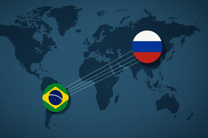 Brasil e Rússia conectados por linhas em mapa mundi, representando relações diplomáticas afetadas pela ausência de Putin no BRICS 2025