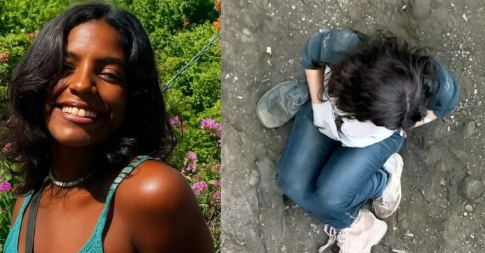 Montagem mostra à esquerda Juliana Marins sorrindo em meio a plantas e, à direita, imagem aérea dela caída em área de solo rochoso após acidente em trilha de vulcão na Indonésia.