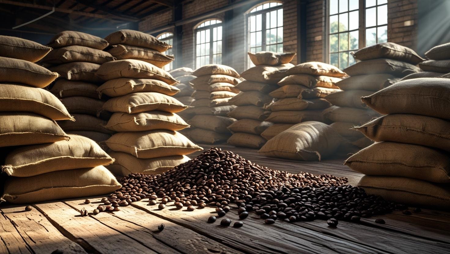 Armazém com sacas de café destaca impacto no agronegócio Café arábica em sacas empilhadas representa oscilação de preços no agro