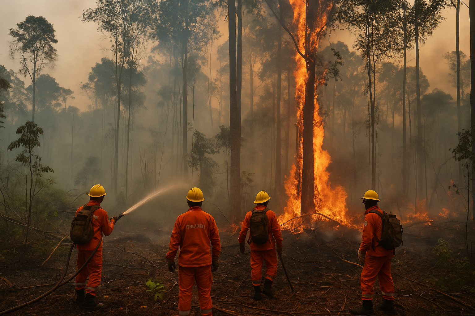 Brigadistas combatem incêndio de grande proporção em árvore na floresta amazônica de Rondônia