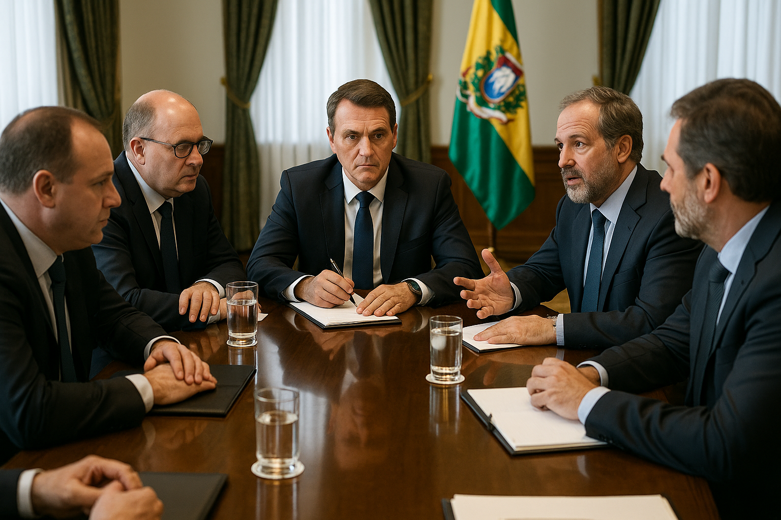  Reunião entre empresários e políticos em sala de gabinete com pauta institucional
