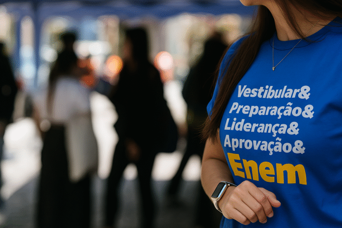 Estudante com camiseta azul do Enem destaca palavras como vestibular e aprovação