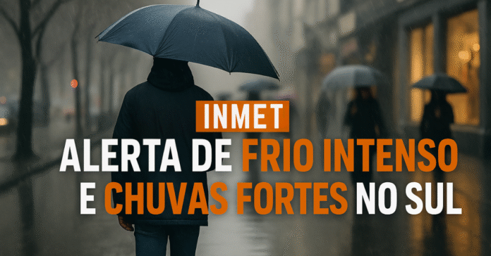 Homem caminha com guarda-chuva em rua chuvosa durante alerta de frio intenso no Sul