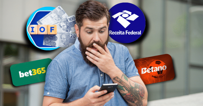 Homem surpreso olhando o celular, com ícones de IOF e Receita Federal ao fundo