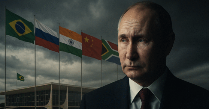 Vladimir Putin diante de bandeiras do BRICS e do Palácio do Planalto, simbolizando sua ausência na cúpula de 2025 no Brasil