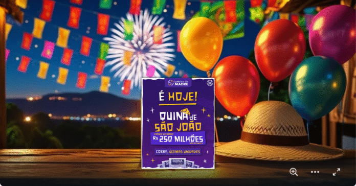 Bilhete da Quina sobre mesa com bandeirinhas juninas e balões coloridos ao fundo, representando o sorteio especial de São João 2025.