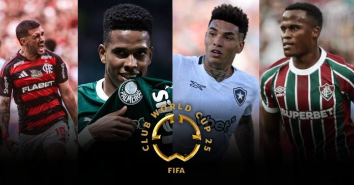 Flamengo, Palmeiras, Botafogo e Fluminense ao lado da taça do Mundial de Clubes 2025, simbolizando a classificação brasileira.