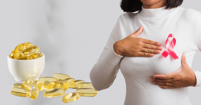 Suplementação com vitamina D no tratamento do câncer de mama Mulher com laço rosa no peito simbolizando a luta contra o câncer de mama ao lado de cápsulas de vitamina D
