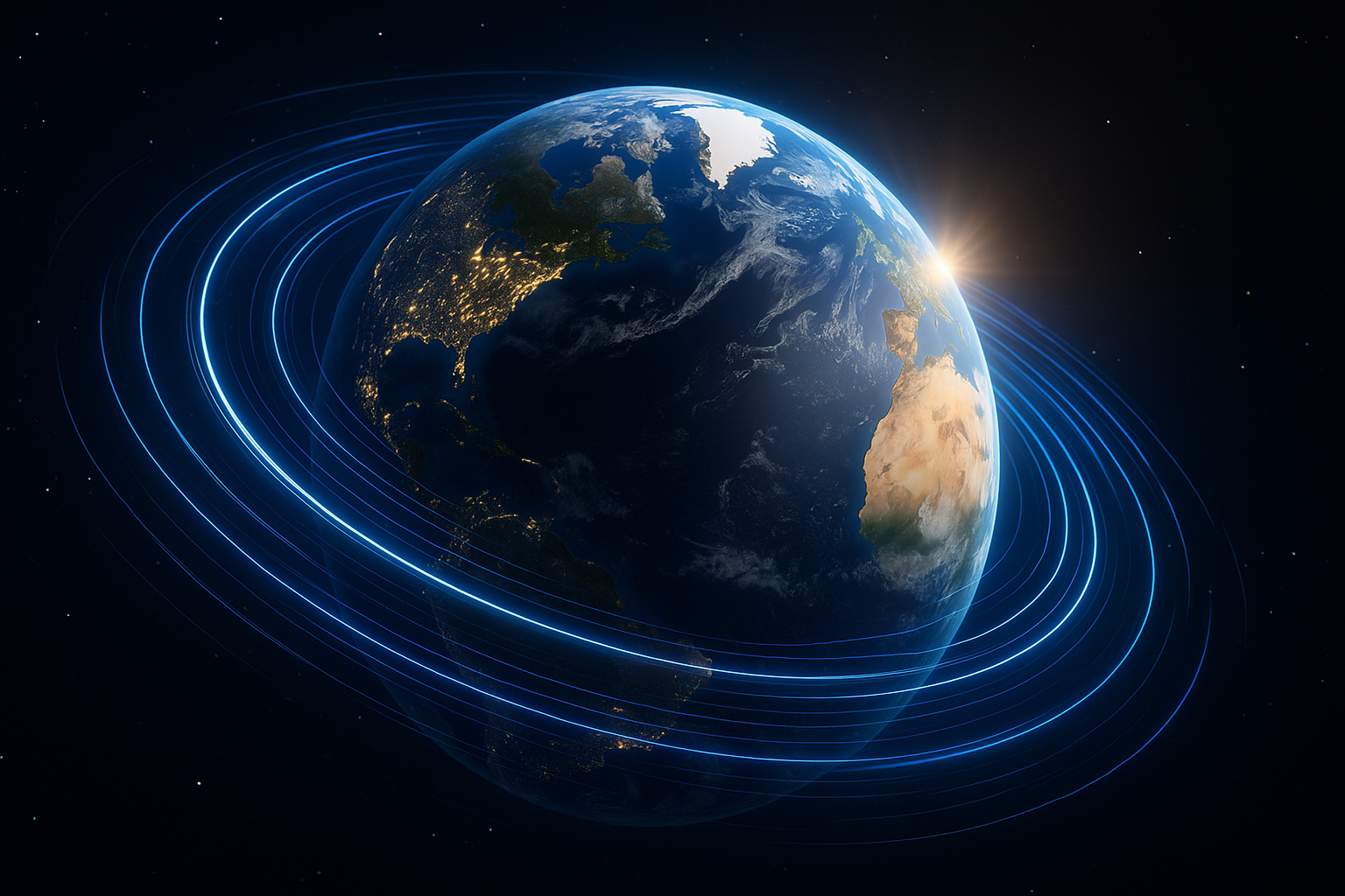 Terra girando rapidamente com trilhas luminosas ao redor representando aceleração da rotação