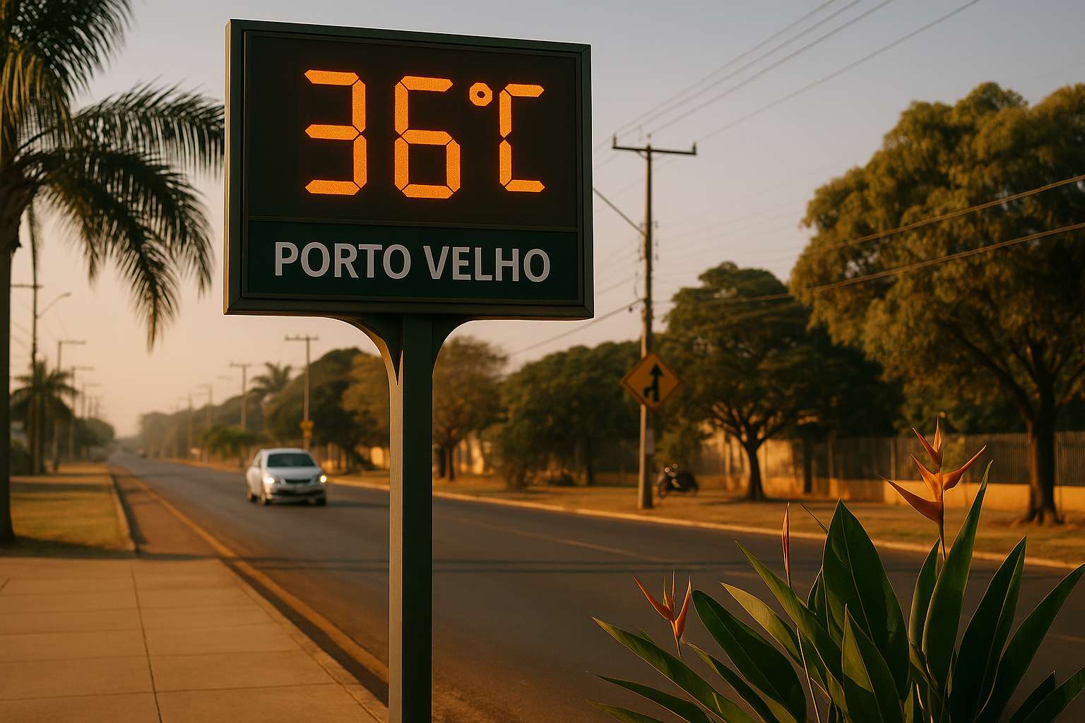Painel de rua em Porto Velho exibe temperatura de 36 °C em dia de sol intenso, com vegetação e trânsito urbano ao fundo