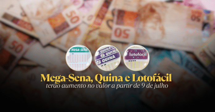 Apostas da Mega-Sena e outras loterias ficam mais caras em julho Aposta da Mega-Sena sobre mesa com moedas e cédula de real, em frente à placa da Caixa Econômica Federal