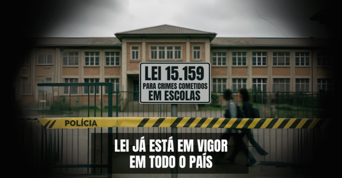 Lei 15.159 em vigor nas escolas do Brasil Placa com “Lei 15.159 em vigor” em frente a escola pública brasileira cercada por fita de isolamento policial, simbolizando nova lei contra violência escolar.