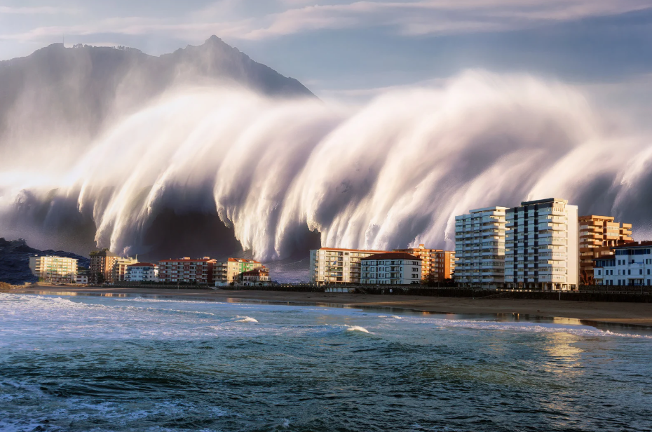 Ondas gigantes se aproximam de prédios residenciais em uma cidade litorânea, representando risco extremo de tsunami após terremoto.