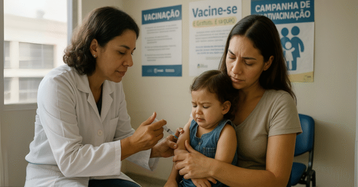 Profissional de saúde aplica vacina contra meningite em criança no colo da mãe em UBS de Porto Velho