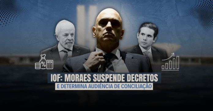 STF suspende decretos do IOF e marca audiência de conciliação Montagem com Alexandre de Moraes ao centro, em destaque, ladeado por Lula à esquerda e presidente da Câmara à direita, com ícones de impostos e economia.