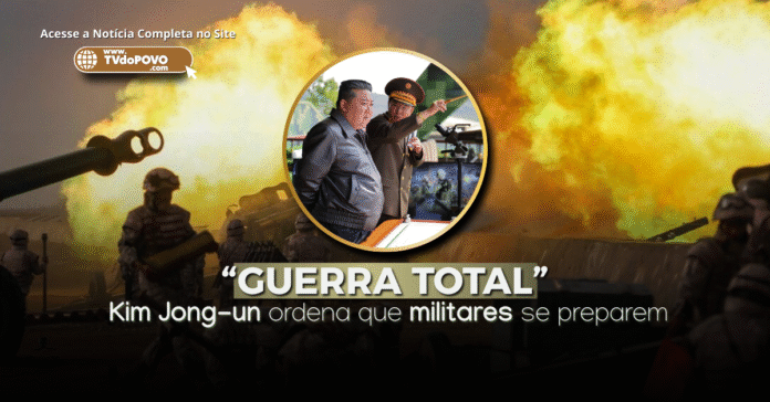 Kim Jong-un ao lado de general norte-coreano durante treinamento militar, com explosões ao fundo