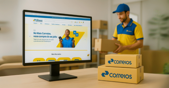 Funcionário dos Correios manuseia encomenda ao lado de computador com a plataforma de e-commerce Mais Correios aberta