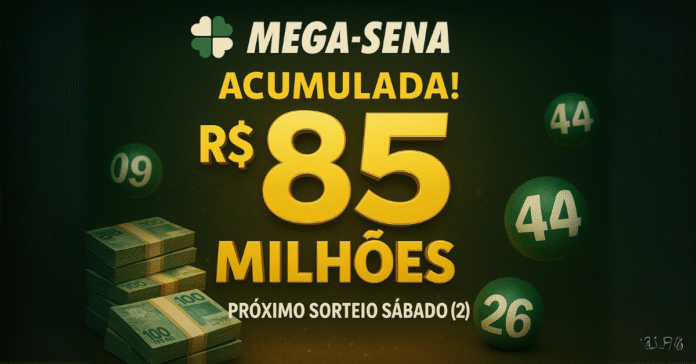 Mega-Sena acumulada com prêmio de R$ 85 milhões a ser sorteado no sábado, 2 de agosto.