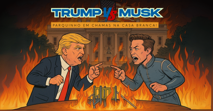 Ilustração política mostrando Donald Trump e Elon Musk discutindo em frente à Casa Branca em chamas, com um parquinho pegando fogo entre eles.