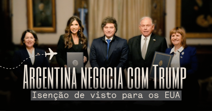Javier Milei e comitiva argentina ao lado de autoridades dos EUA negociam isenção de visto para entrada de argentinos no país norte-americano.