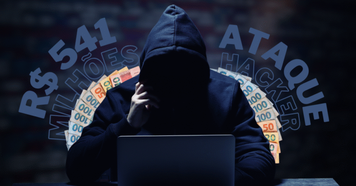 Ataque hacker desvia R$ 541 milhões via Pix Hacker encapuzado em frente a notebook com notas de dinheiro e texto R$ 541 milhões ataque hacker.