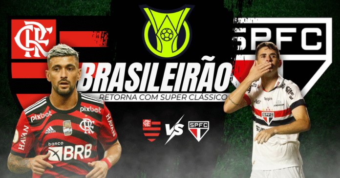 Jogadores de Flamengo e São Paulo com escudos ao fundo e texto “Brasileirão retorna com super clássico” em destaque.
