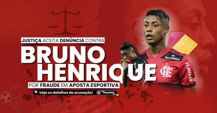 Bruno Henrique denunciado por fraude em apostas esportivas com imagem de cartão amarelo ao fundo.