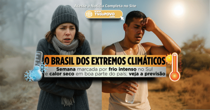 Mulher enfrenta frio com roupas de inverno enquanto homem sofre com calor sob sol forte, representando os contrastes climáticos no Brasil
