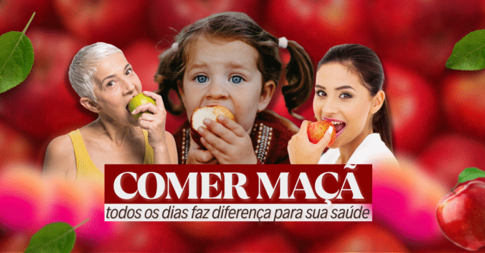 Comer maçã todos os dias faz bem à saúde Três pessoas de diferentes idades comendo maçã, representando os benefícios da fruta para a saúde em todas as fases da vida.