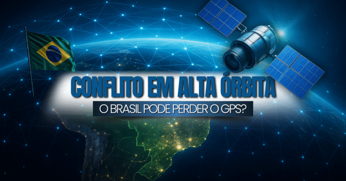 Satélite GPS dos Estados Unidos orbitando a Terra com foco no Brasil, rede digital de geolocalização e bandeira brasileira visível no espaço