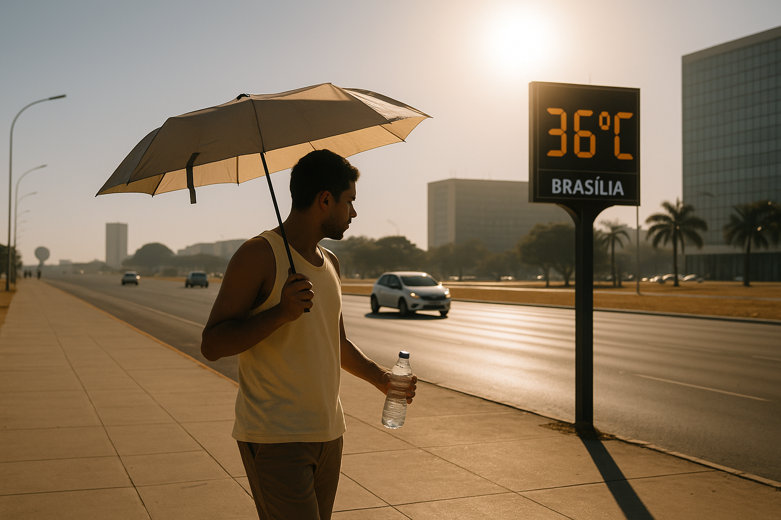 Homem caminha sob sol forte em Brasília com guarda-sol e garrafa de água, próximo a termômetro que marca 36 °C