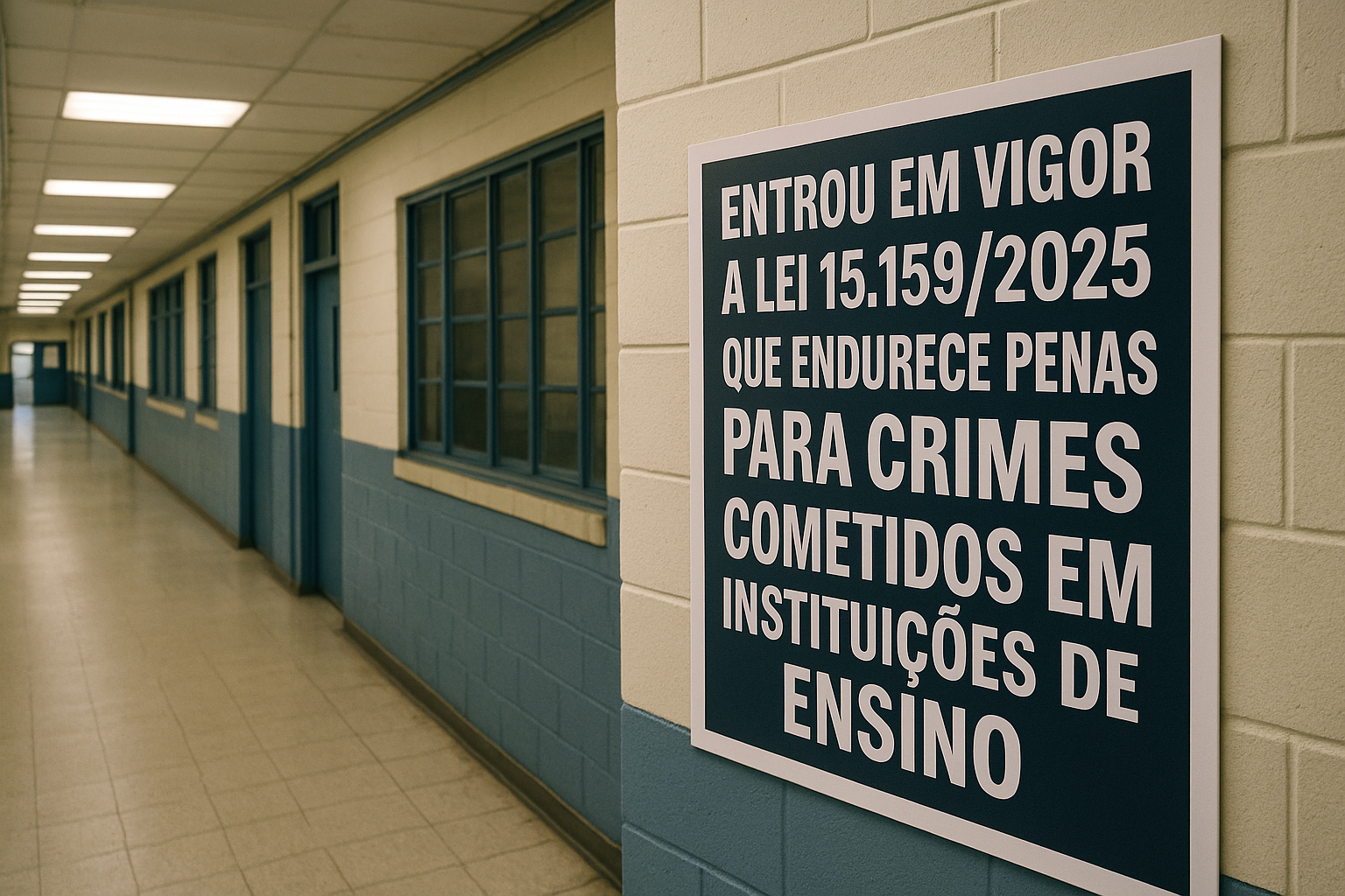 Corredor vazio de escola pública com placa de aviso “Lei 15.159 em vigor”, simbolizando reforço da segurança com nova legislação contra crimes em escolas.