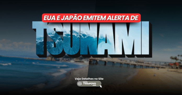 EUA e Japão emitem alerta de tsunami após forte terremoto na Rússia; imagem mostra mar dividido entre calmaria e risco iminente.