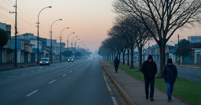 Frio em Porto Velho ao amanhecer no mês de julho de 2025 Frio ao amanhecer em rua de Porto Velho com céu limpo e pessoas agasalhadas