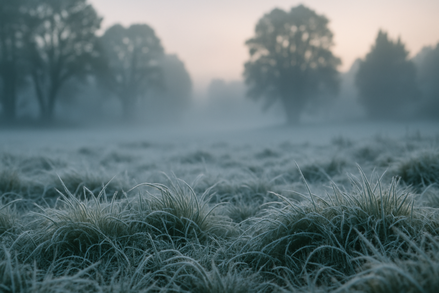 Grama coberta por geada ao amanhecer com névoa e árvores ao fundo em Gramado (RS)