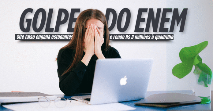 Estudante com as mãos no rosto diante de um notebook após cair em golpe com site falso do Enem