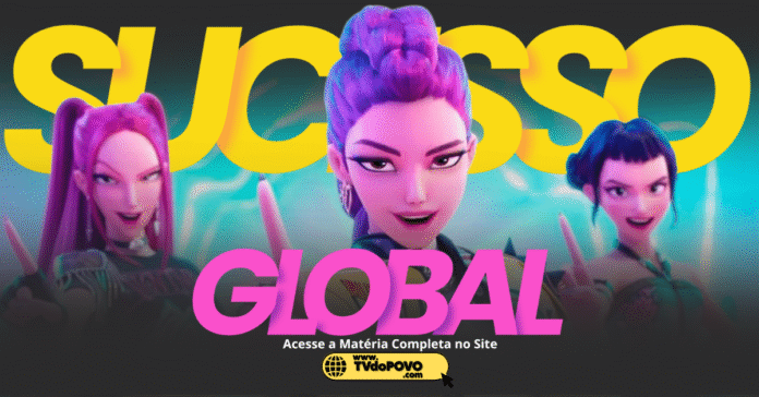 Personagens da animação Guerreiras do K-pop em destaque com a palavra Sucesso Global.