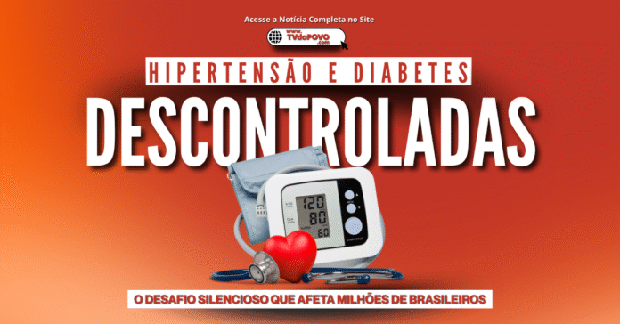 Arte em fundo vermelho com as palavras “Hipertensão e Diabetes Descontroladas” e ilustração de um aparelho de pressão, coração e estetoscópio.