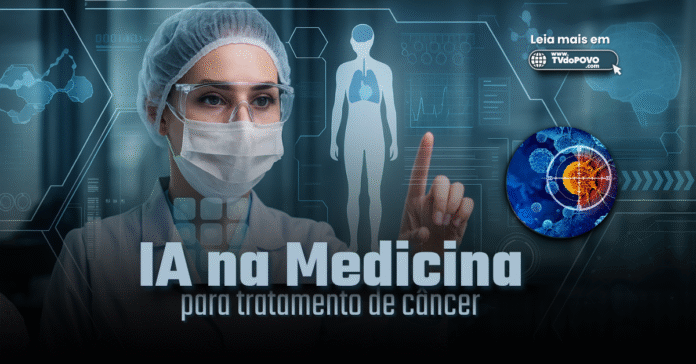 Cientista com máscara interage com painel digital médico ao lado da tarja IA na medicina para tratamento de câncer