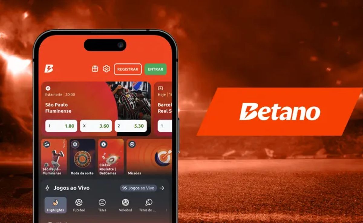 Tela do aplicativo de apostas Betano exibida em smartphone, com interface de jogos ao vivo