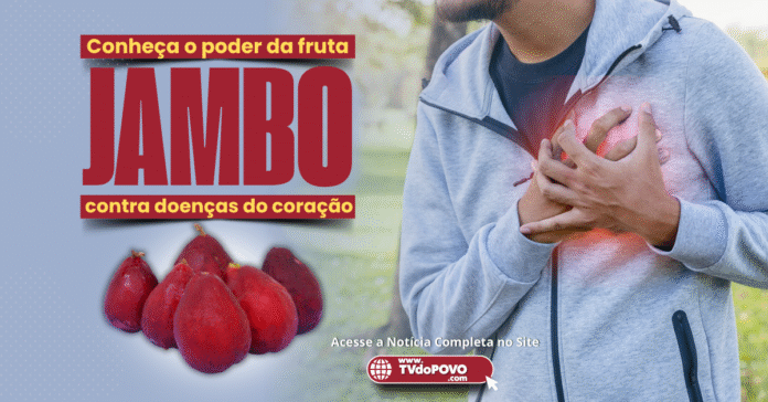 Homem com as mãos no peito ao lado do texto “jambo previne infarto e protege o coração”.